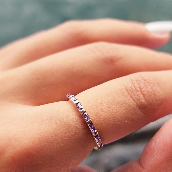 Gümüş Yüzük - Ametist Taşlı Sıralı Baget Modern 925 Ayar Gümüş Alyans-Modern Eklem Yüzüğü - 8