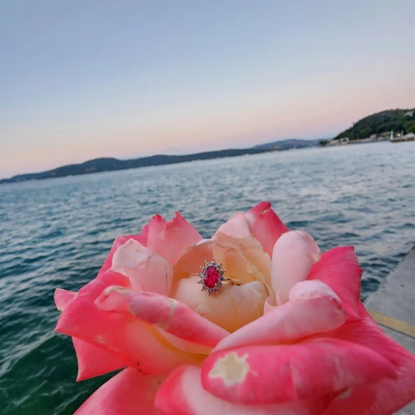 1,05 CT Yakut 0,30 CT Pırlanta (Signty) Taşlı Anturajlı Vintage Tasarım Modern 925 Ayar Gümüş Yüzük - 2