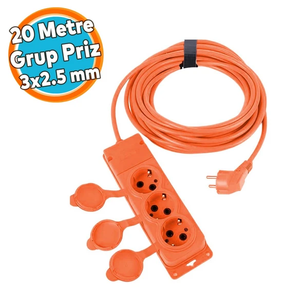 Uzatma Kablosu Monofaze CCA 3x2.5 mm Çoğaltıcı Seyyar Topraklı Kapaklı 3'lü Grup Priz Fiş 20 Metre ürün görseli
