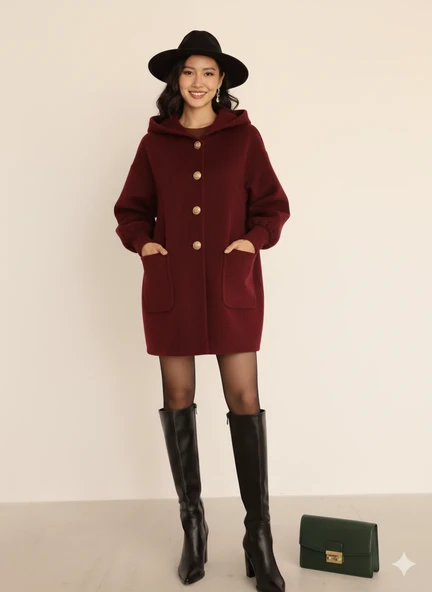 Kadın Oversize Bol Kesim Diz Üstü Siyah Kaban Büyük Cepli Yünlü Kumaş Kapüşon Detaylı - Resim 10