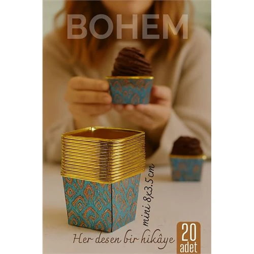 Bohem Kare Kek Kalıbı , Alüminyum  Cupcake Muffin Kalıbı 20'li Paket ürün görseli 1