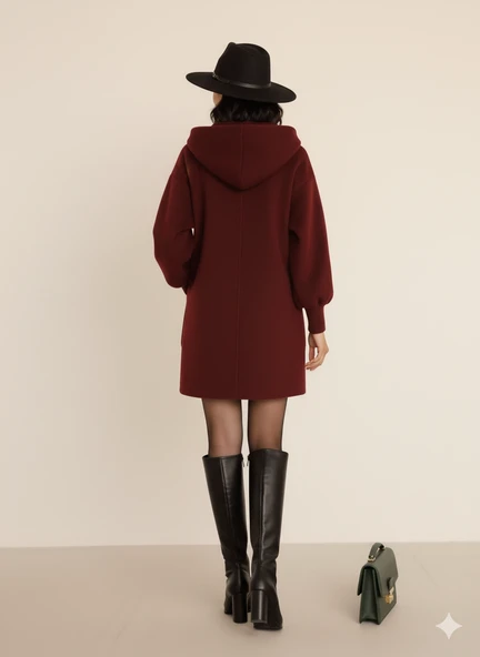 Kadın Oversize Bol Kesim Diz Üstü Siyah Kaban Büyük Cepli Yünlü Kumaş Kapüşon Detaylı - Resim 12