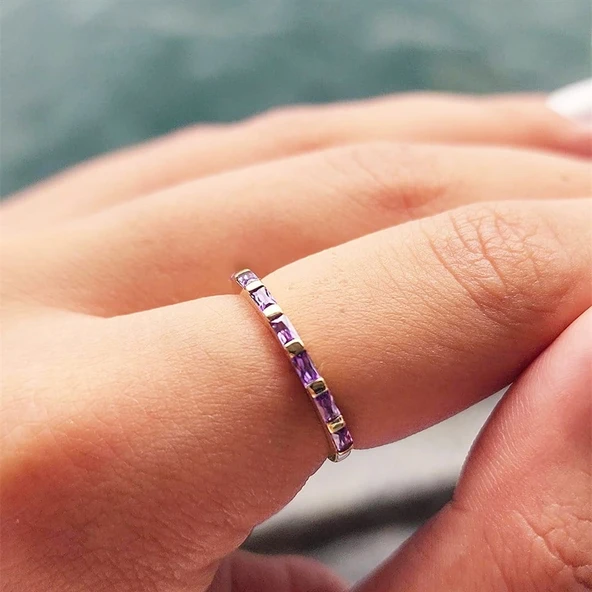 Gümüş Yüzük - Ametist Taşlı Sıralı Baget Modern 925 Ayar Gümüş Alyans-Modern Eklem Yüzüğü