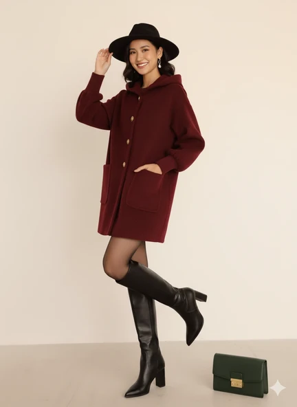 Kadın Oversize Bol Kesim Diz Üstü Siyah Kaban Büyük Cepli Yünlü Kumaş Kapüşon Detaylı - Resim 11