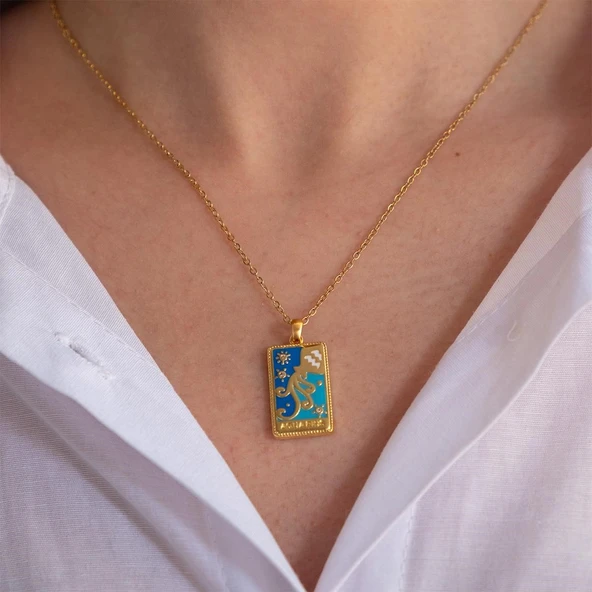 Çelik Kolye, Altın Kaplama Kova Burcu Kadın Kolye K-140 - Resim 3