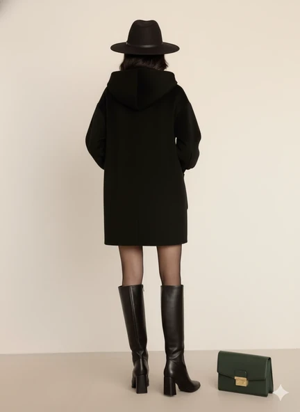 Kadın Oversize Bol Kesim Diz Üstü Siyah Kaban Büyük Cepli Yünlü Kumaş Kapüşon Detaylı - Resim 8