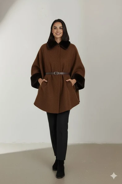 Kadın Kürk Yaka Manşet Detaylı Panço Kaban Kemerli Pelerin Ceket Kaşe - Resim 9