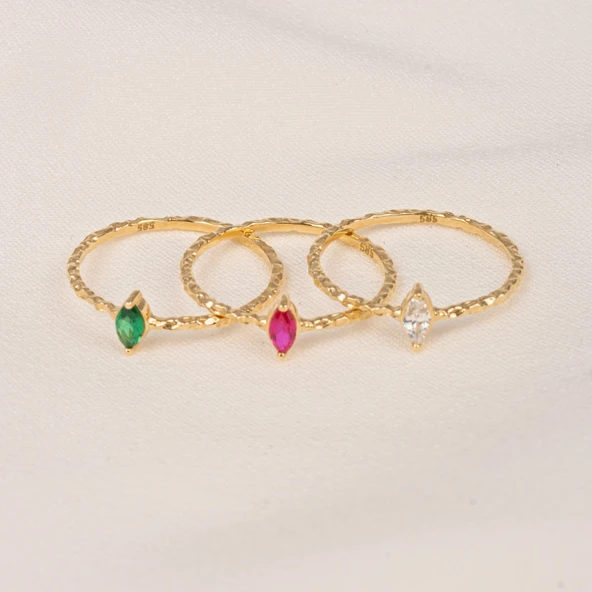 Gümüş Yüzük - Ruby Taşlı El Yapımı Dövülü Eskitme Minimal Tasarım Tektaş 925 Ayar Gümüş Yüzük - 8