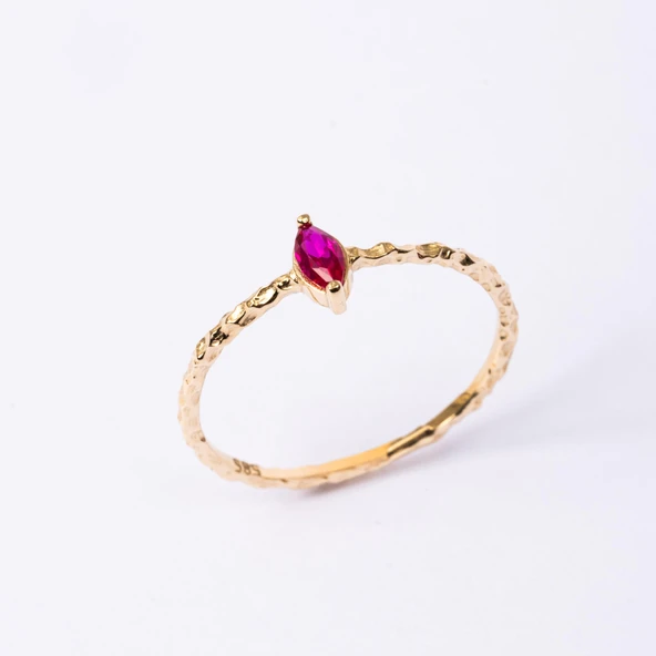 Gümüş Yüzük - Ruby Taşlı El Yapımı Dövülü Eskitme Minimal Tasarım Tektaş 925 Ayar Gümüş Yüzük - 7