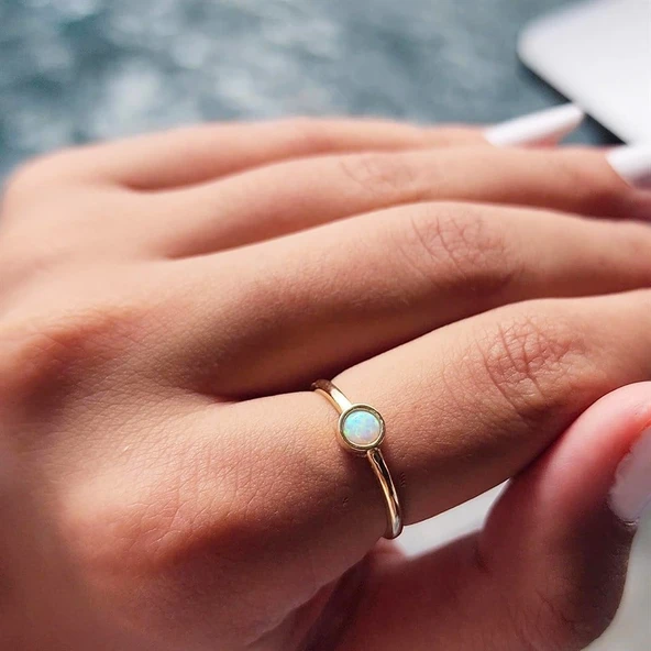 Gümüş Yüzük - Minimal Opal Tek Taş Şans ve Uğur 925 Ayar Gümüş Yüzük