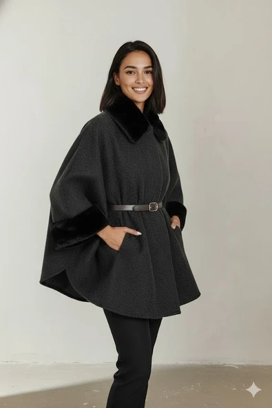 Kadın Kürk Yaka Manşet Detaylı Panço Kaban Kemerli Pelerin Ceket Kaşe - Resim 6