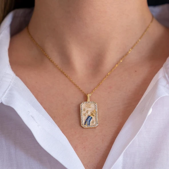 Çelik Kolye, Altın Kaplama Kova Burcu Kadın Kolye K-114 - Resim 3