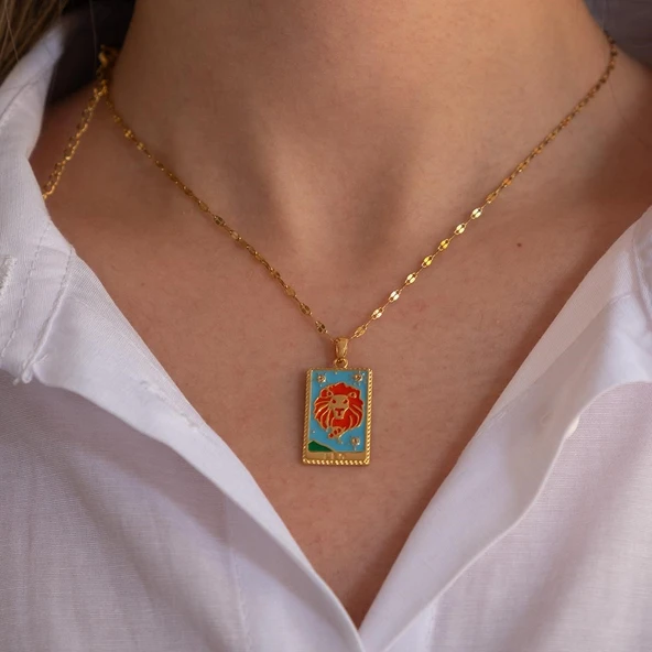 Çelik Kolye, Altın Kaplama Aslan Burcu Kadın Kolye K-136 - Resim 3