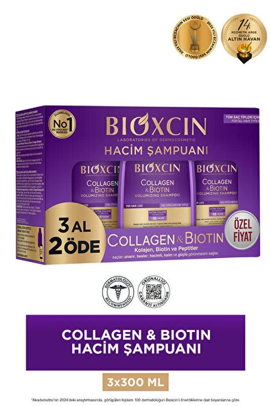 Bioxcin Collagen & Biotin Hacim Şampuanı 3 x 300 ml