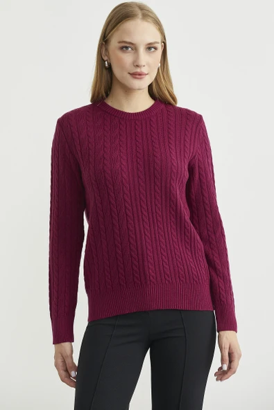 Sıfır Yaka Motif Detaylı Triko Kazak - Bordo ürün görseli 1