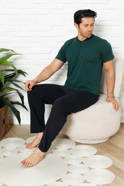 Erkek %100 Pamuklu Pijama Takımı-3 Düğmeli-Yaka Cepli 12384 - Resim 6