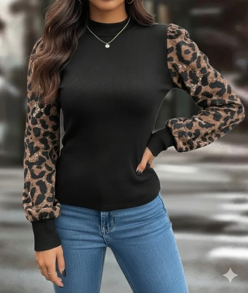 Lucky Life Kadın Uzun Kollu Yarı Balıkçı Yaka Leopar Detaylı Kaşkorse Bluz - Resim 2