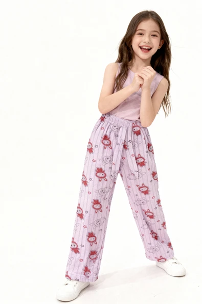 KIZ ÇOCUK PİJAMA ALTI BELİ LASTİKLİ TAVŞAN BASKILI - Resim 4