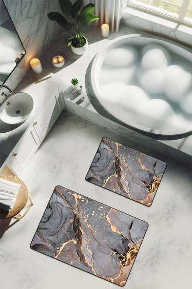 Yıkanabilir Kaymaz Tabanlı Modern Desenli 2'li Banyo Paspas Takımı BPS0019 RENKLİ 60 X 90 ürün görseli 1