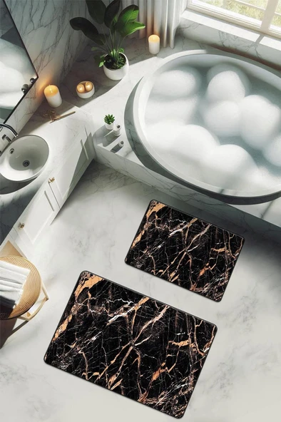 Yıkanabilir Kaymaz Tabanlı Modern Desenli 2'li Banyo Paspas Takımı BPS0012 RENKLİ 60 X 90 ürün görseli 1