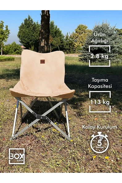 Box&Box Alüminyum Katlanabilir Kamp Sandalyesi, Piknik Sandalyesi, Taşıma Çantalı, Kumaş, Krem - Resim 2