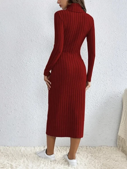 Lucky Life Kadın Uzun Kollu Balıkçı Yaka Yırtmaçlı Düğmeli şardonlu Kaşkorse Elbise ürün görseli 1