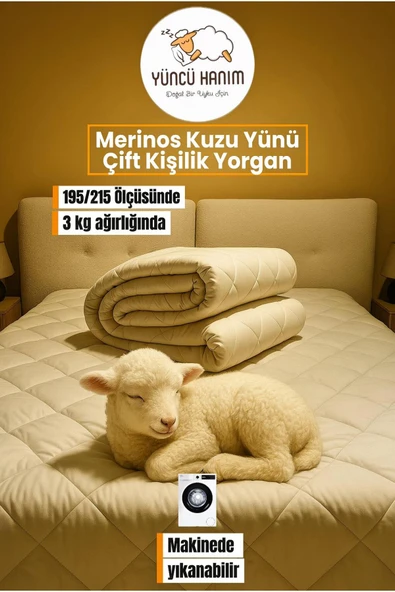 Yüncü Hanım Çift Kişilik Merinos Kuzu Yünü Yorgan (%100 SAF MERİNOS KUZU YÜNÜ) 195 X 215 Cm Ebat, 3000 gram