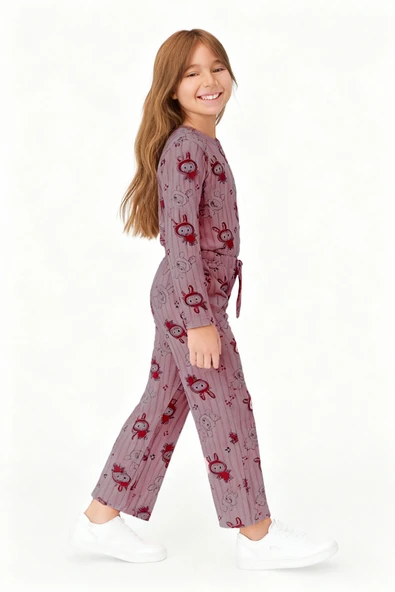 KIZ ÇOCUK PİJAMA ALTI BELİ LASTİKLİ TAVŞAN BASKILI - Resim 2