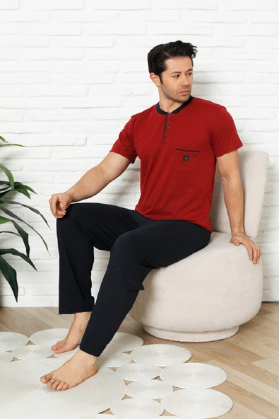 Erkek %100 Pamuklu Pijama Takımı-3 Düğmeli-Yaka Cepli 12384 - Resim 10