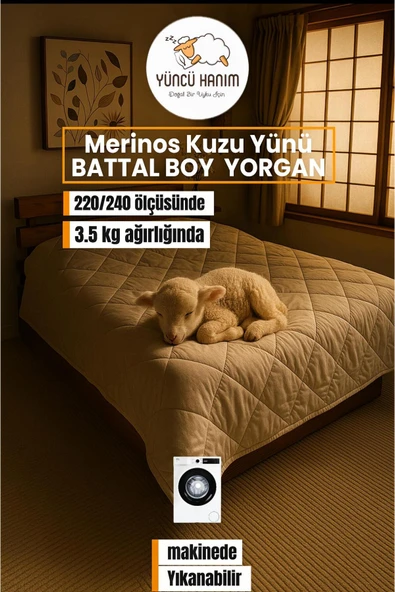 Yüncü Hanım Battal Ebat Merinos Kuzu Yünü Yorgan (%100 SAF MERİNOS KUZU YÜNÜ) 220 X 240 Cm Ebat, 3500 gram