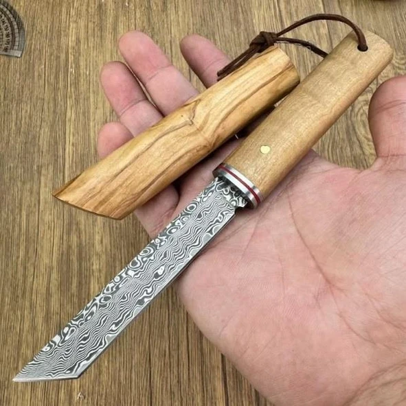 Damascus Tanto Japon EDC Zeytin Ağacı Sap - Resim 2