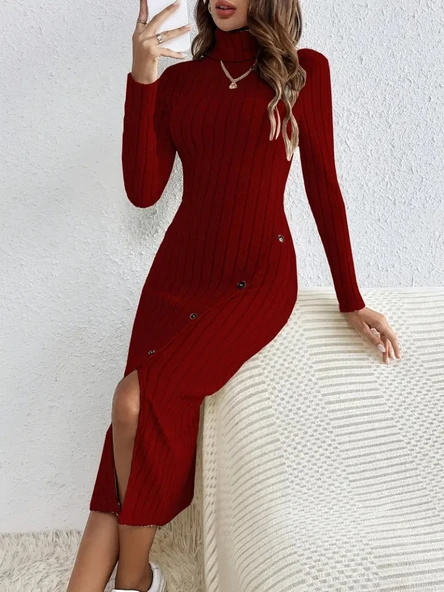 Lucky Life Kadın Uzun Kollu Balıkçı Yaka Yırtmaçlı Düğmeli şardonlu Kaşkorse Elbise - Resim 2