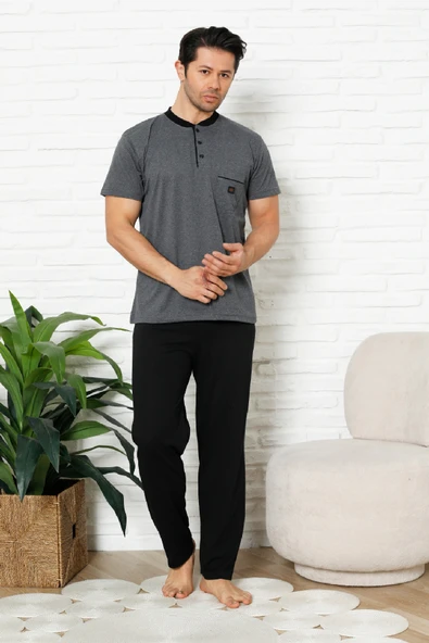 Erkek %100 Pamuklu Pijama Takımı-3 Düğmeli-Yaka Cepli 12384 - Resim 2