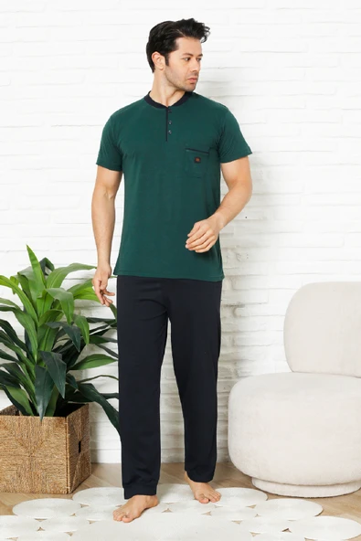 Erkek %100 Pamuklu Pijama Takımı-3 Düğmeli-Yaka Cepli 12384 - Resim 7