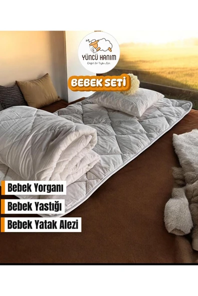 Yüncü Hanım %100 Yün Dolgu Bebek Uyku Seti 3'lü Paket (Yün Yorgan + Yün Alez + Yün Yastık) ürün görseli