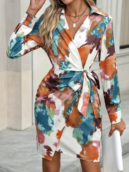 Lucky Life Kadın Uzun Kollu Yakalı Yandan Bağlamalı Mini Desenli Modal Elbise ürün görseli 1