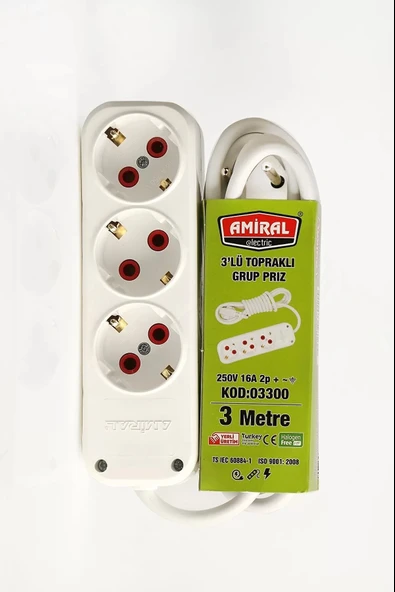 Amiral 3' Lü Topraklı 3 Metre Kablolu Grup Priz ürün görseli 1