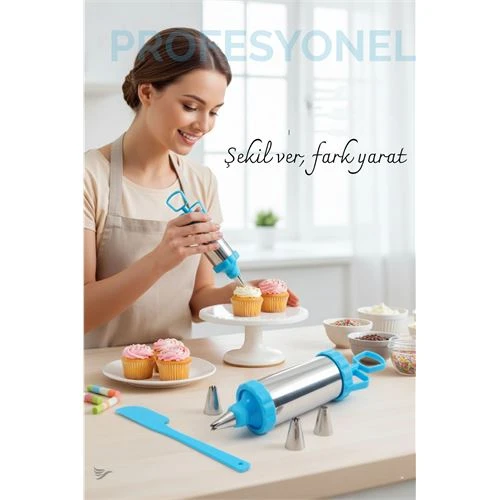 Krema Sıkma Pompası Paslanmaz Çelik – 3 Uçlu, 20 cm, Parti ve Pasta Dekorları İçin Profesyonel Yardımcı ürün görseli
