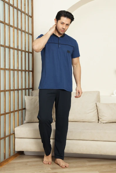 Erkek %100 Pamuk Pijama Takımı -3 Düğmeli-Robalı 12383 - Resim 11