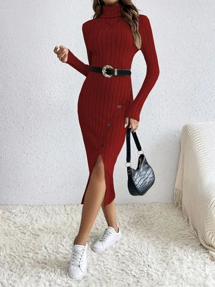 Lucky Life Kadın Uzun Kollu Balıkçı Yaka Yırtmaçlı Düğmeli şardonlu Kaşkorse Elbise - Resim 4