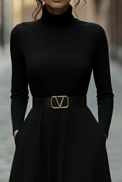 Lucky Life Kadın Uzun Kollu Balıkçı Yaka Uzun Akrilik Elbise ürün görseli 1