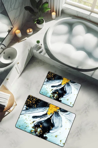 Yıkanabilir Kaymaz Tabanlı Modern Desenli 2'li Banyo Paspas Takımı BPS0010 RENKLİ 60 X 90 ürün görseli 1