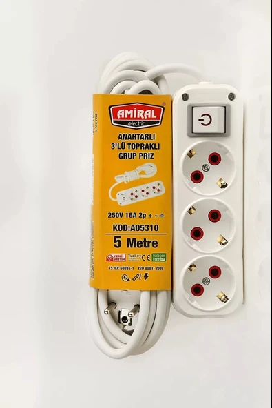 Amiral 3' Lü Topraklı Anahtarlı 5 Metre Kablolu Grup Priz ürün görseli 1