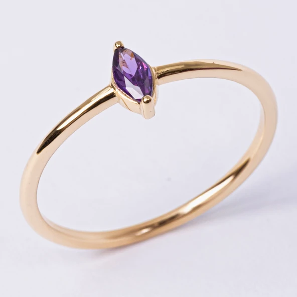 Gümüş Yüzük - Ametist Taşlı Minimal Tasarım Tektaş Kadın 925 Ayar Gümüş Yüzük - 8