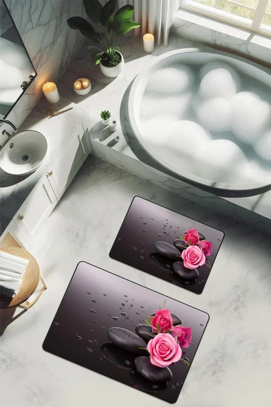 Yıkanabilir Kaymaz Tabanlı Modern Desenli 2'li Banyo Paspas Takımı BPS0033 RENKLİ 60 X 90 ürün görseli 1