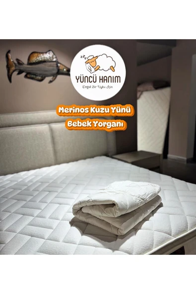 Yüncü Hanım %100 Merinos Kuzu Yünü Dolgulu Bebek Yorganı 95x145 cm+ Yün Dolgu Bebek Yastığı Hediyeli - 2