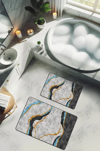 Yıkanabilir Kaymaz Tabanlı Modern Desenli 2'li Banyo Paspas Takımı BPS0006 RENKLİ 60 X 90 ürün görseli 1