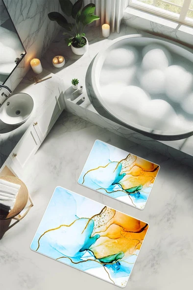 Yıkanabilir Kaymaz Tabanlı Modern Desenli 2'li Banyo Paspas Takımı BPS0023 RENKLİ 60 X 90 ürün görseli 1