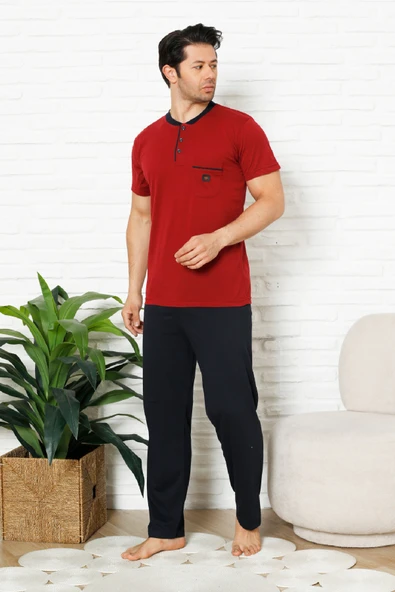 Erkek %100 Pamuklu Pijama Takımı-3 Düğmeli-Yaka Cepli 12384 - Resim 11