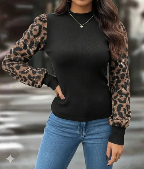 Lucky Life Kadın Uzun Kollu Yarı Balıkçı Yaka Leopar Detaylı Kaşkorse Bluz - Resim 3